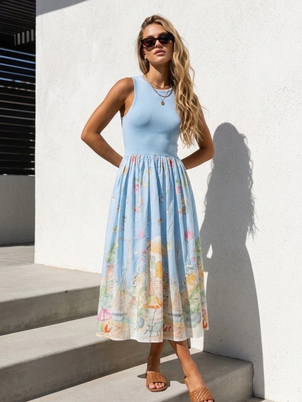 Moon River Light Blue Printed Maxi Dress NWOT